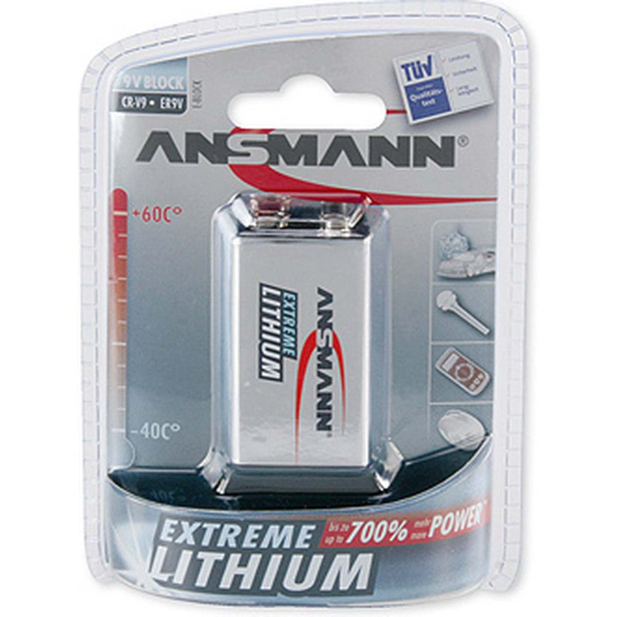Een batterijpack in een plastic behuizing met een rood-wit label. Er staat 'Extreme Lithium'.