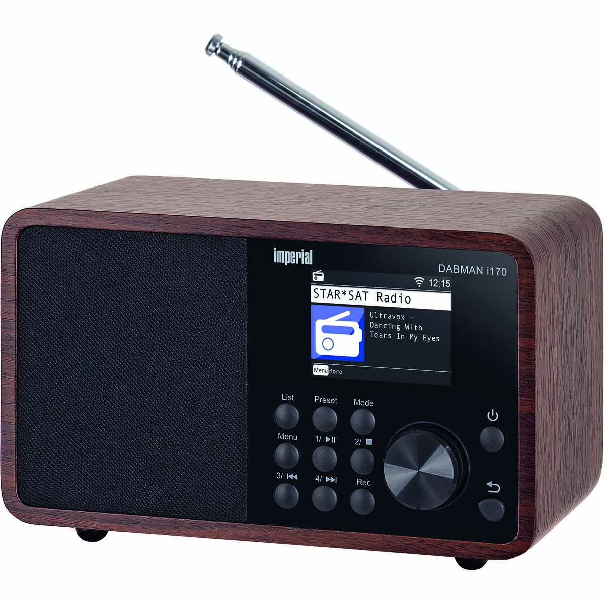 A brown wooden radio with a screen, antenna extended, and labeled 'imperial'.
