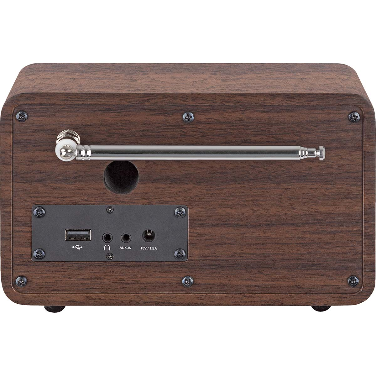 Wooden-look radio with an antenna and control buttons, and a USB port.