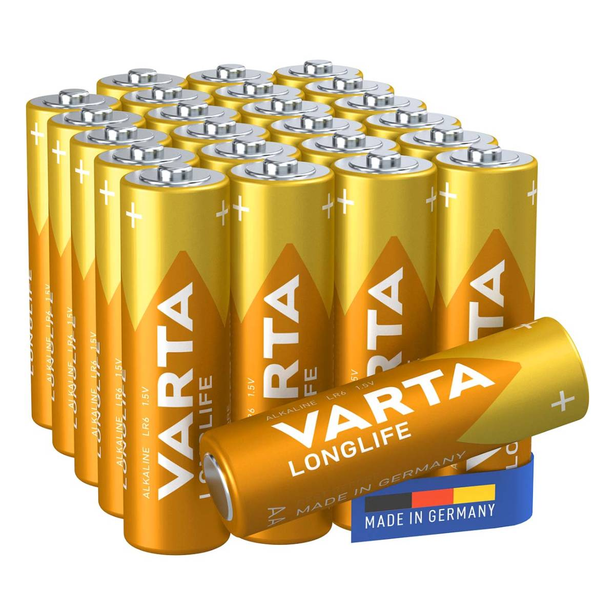 Una collezione di batterie AA. Oro e nero con il nome del marchio.