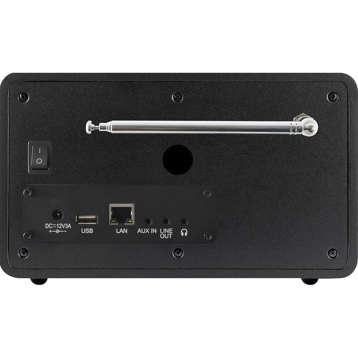 Widok z tyłu czarnego radia z różnymi portami wejścia/wyjścia i anteną.