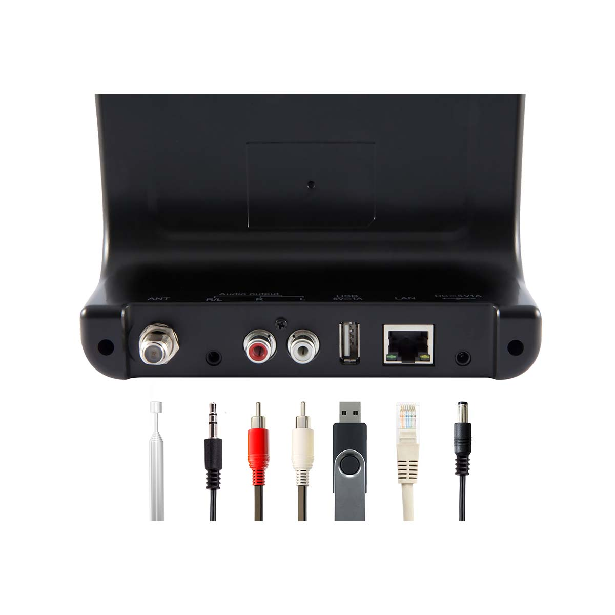 Black electronic device with various ports and connection cables.