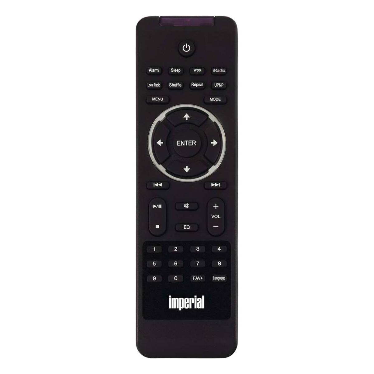 Eine schwarze Fernbedienung mit Tasten und Textbeschriftungen, einschließlich Enter, Menü und Lautstärke.