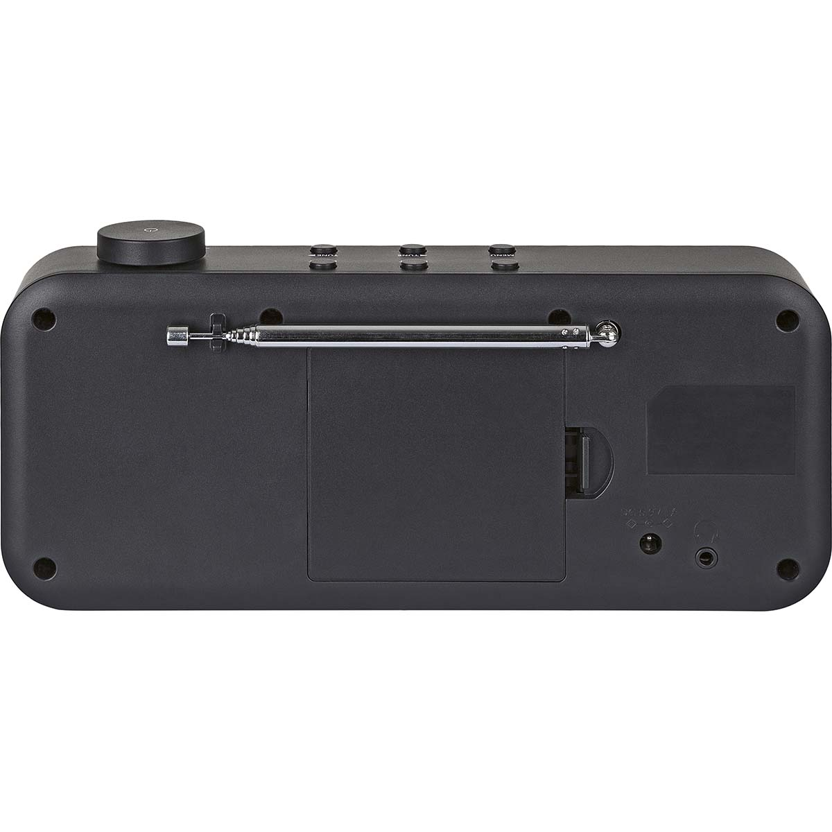 Czarne urządzenie radiowe. Ma przyciski, małą antenę i komorę na baterie, na białym tle.