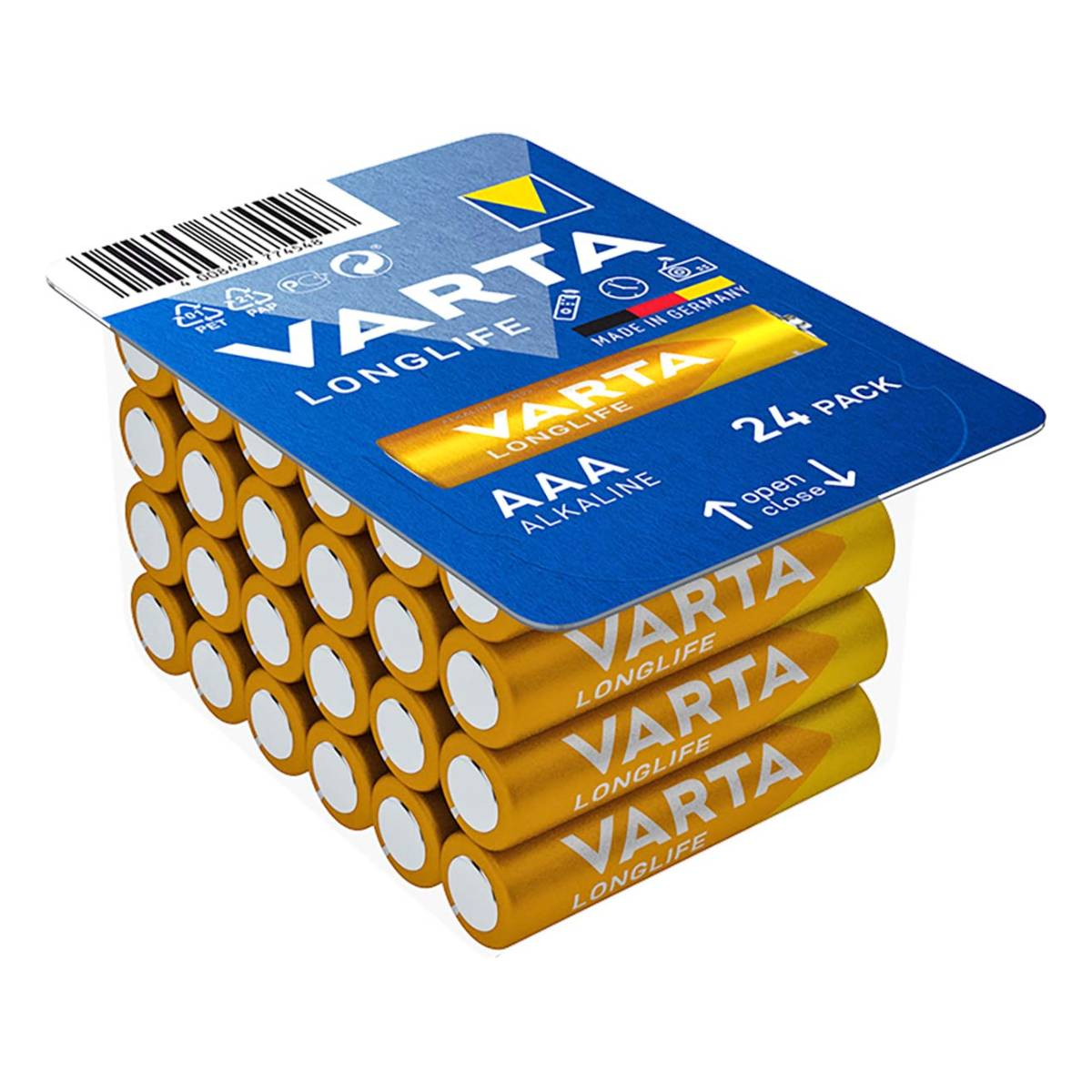 Una confezione da 24 batterie Varta AAA, oro e bianco, in un pacchetto blu e bianco.