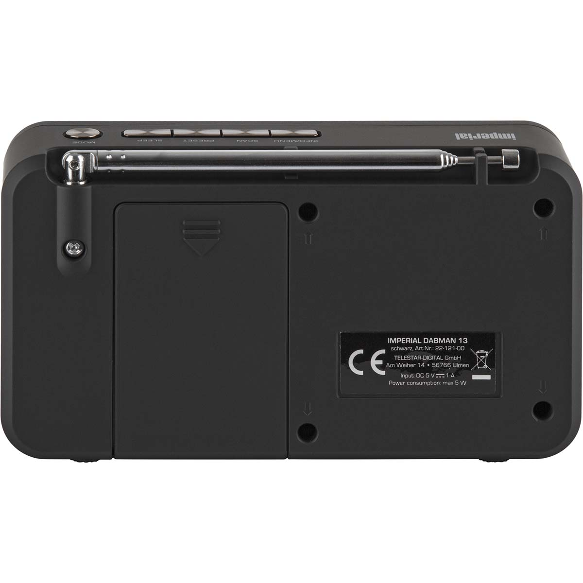 Czarny radio cyfrowe z ekranem wyświetlającym informacje.