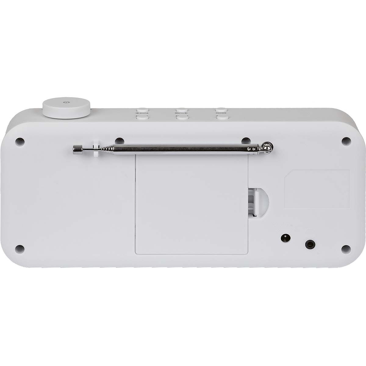 Biały cyfrowy budzik, pokazujący godzinę i antenę radiową. Przyciski na górze i z tyłu.