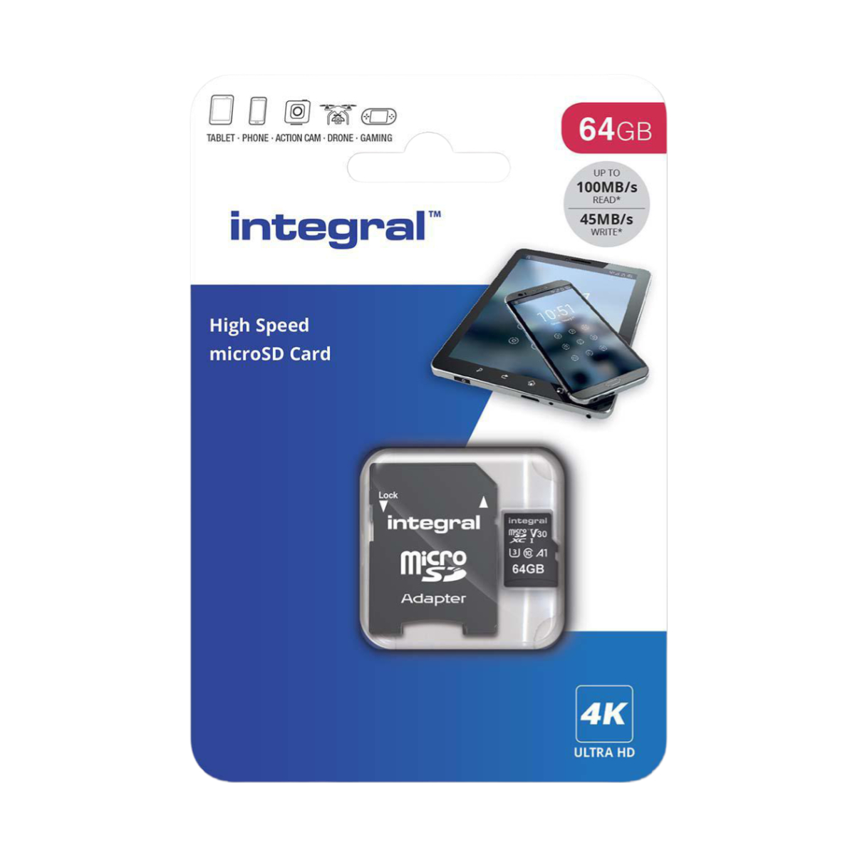 MicroSD-Kartenverpackung mit Bild eines Tablets und Telefons.