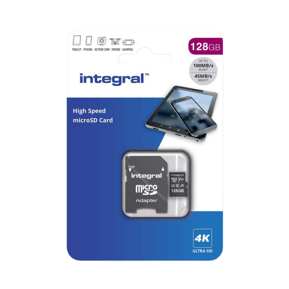 Eine microSD-Kartenverpackung mit Bildern von Tablet und Telefon, Text zeigt 128GB Kapazität.