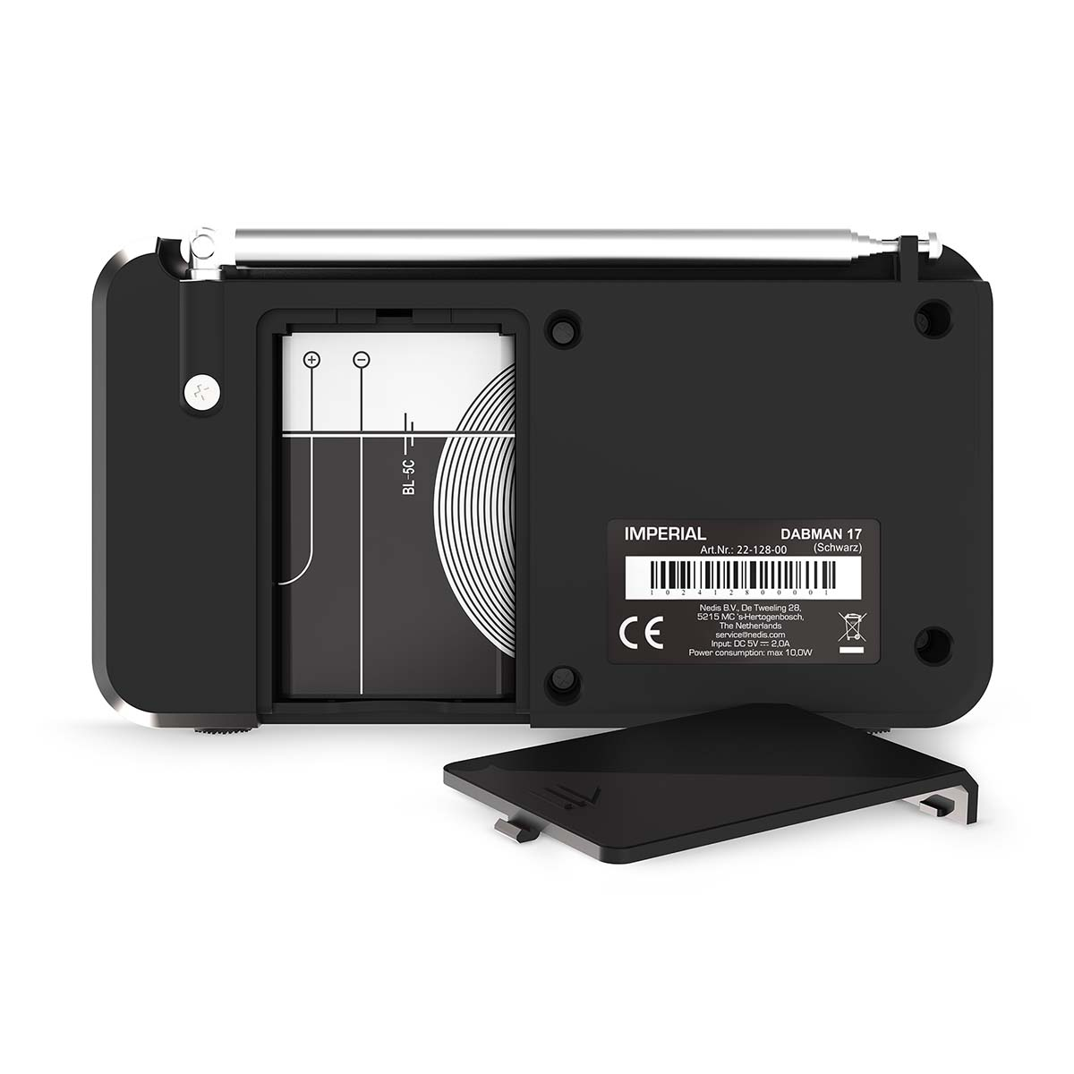 L'arrière d'une radio noire avec le compartiment de la batterie ouvert. La batterie est visible.