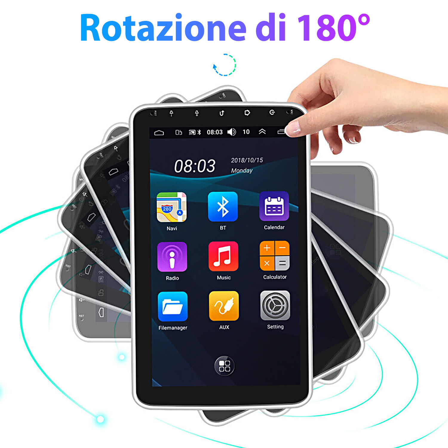 Schermo auto con icone. Una mano ruota lo schermo, con immagini fantasma che mostrano la rotazione.