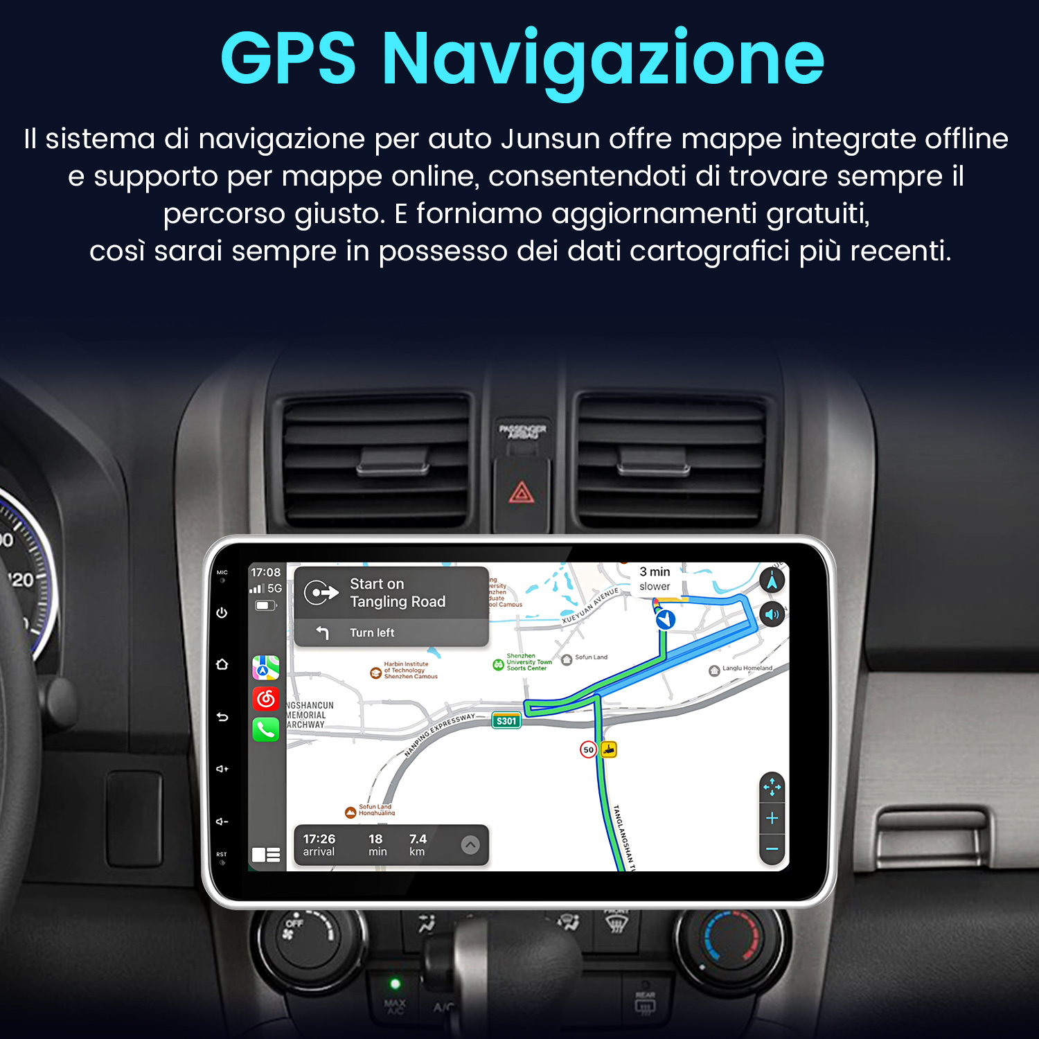 Cruscotto auto con schermo di navigazione GPS che mostra una mappa.