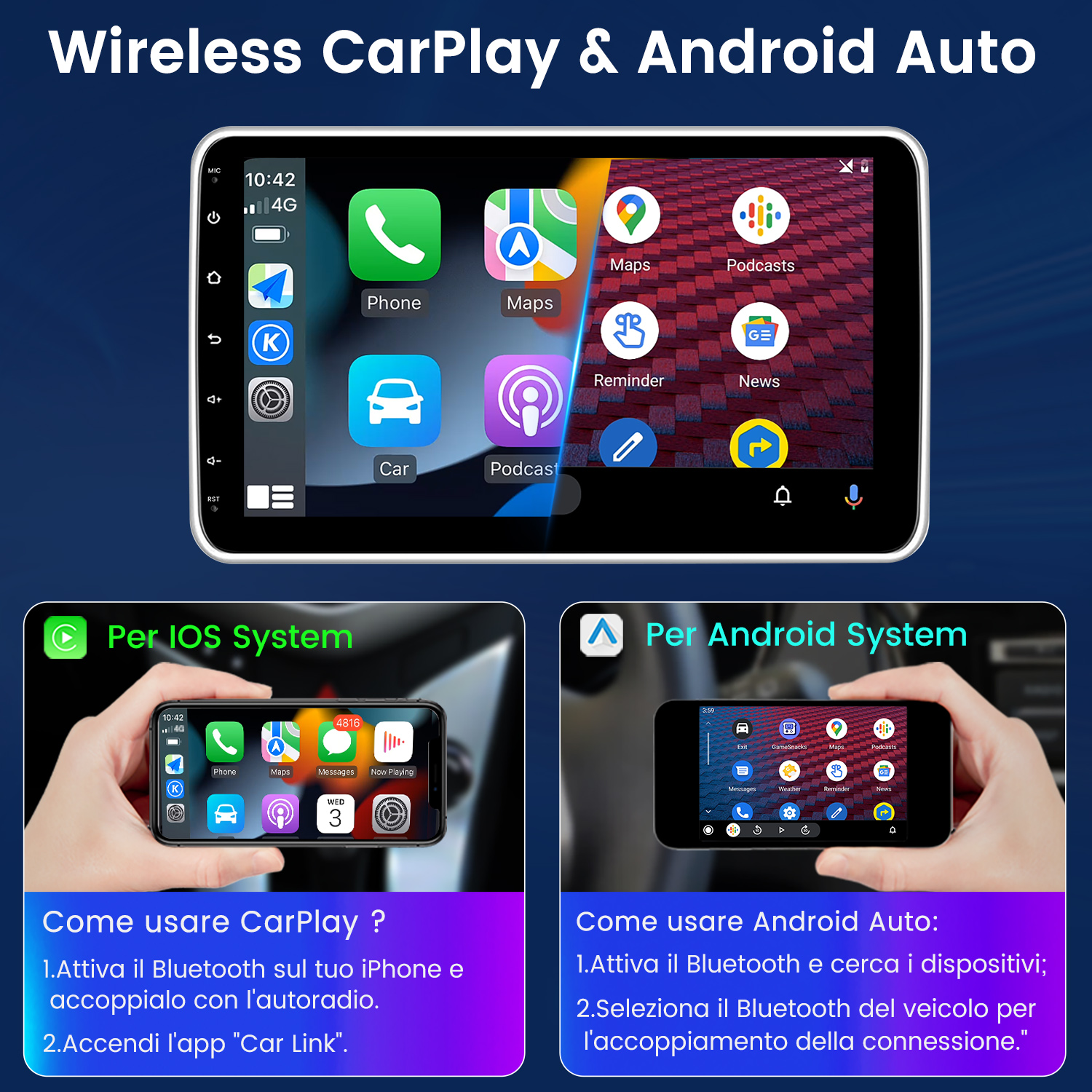 Schermo multimediale per auto con icone di app, istruzioni iOS e Android.