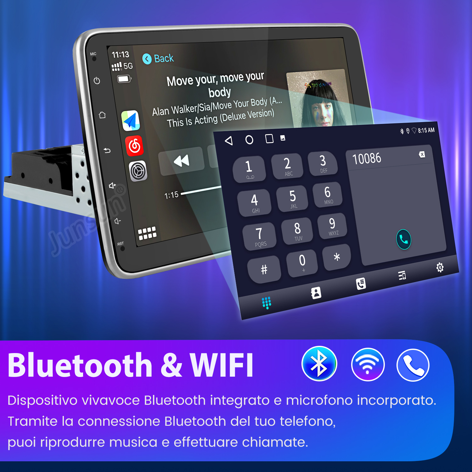 Schermo auto con tastierino e lettore musicale. Loghi Bluetooth e WiFi visualizzati.