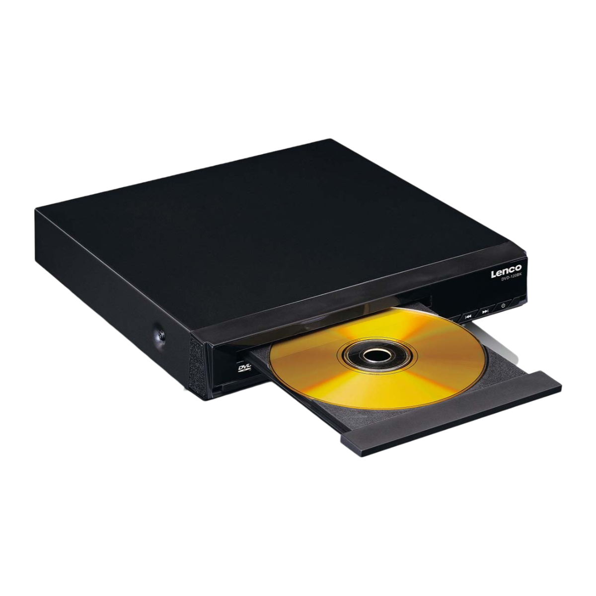 Czarny odtwarzacz DVD ze złotą płytą DVD częściowo wysuniętą z tacy.