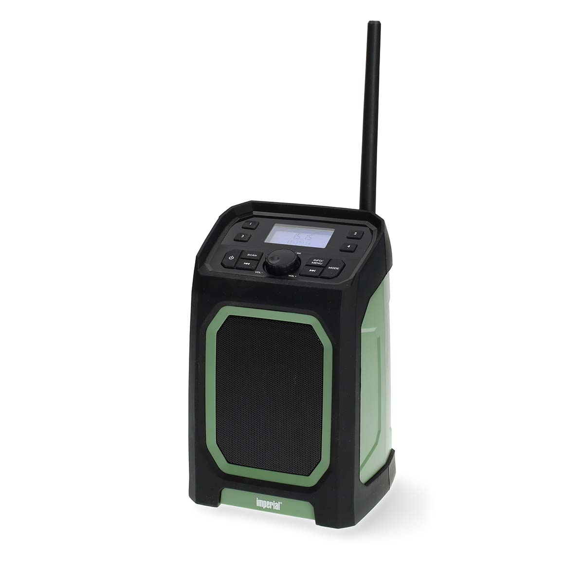 Una radio verde y negra con antena y pantalla. Tiene la palabra 'Imperial' impresa en la parte delantera.