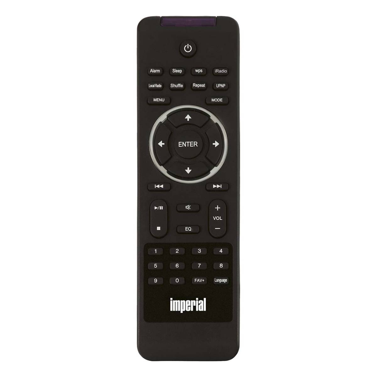 Schwarze Fernbedienung mit vielen Knöpfen, einschließlich Ein/Aus, Menü und Zifferntasten. 'Imperial'-Logo unten.