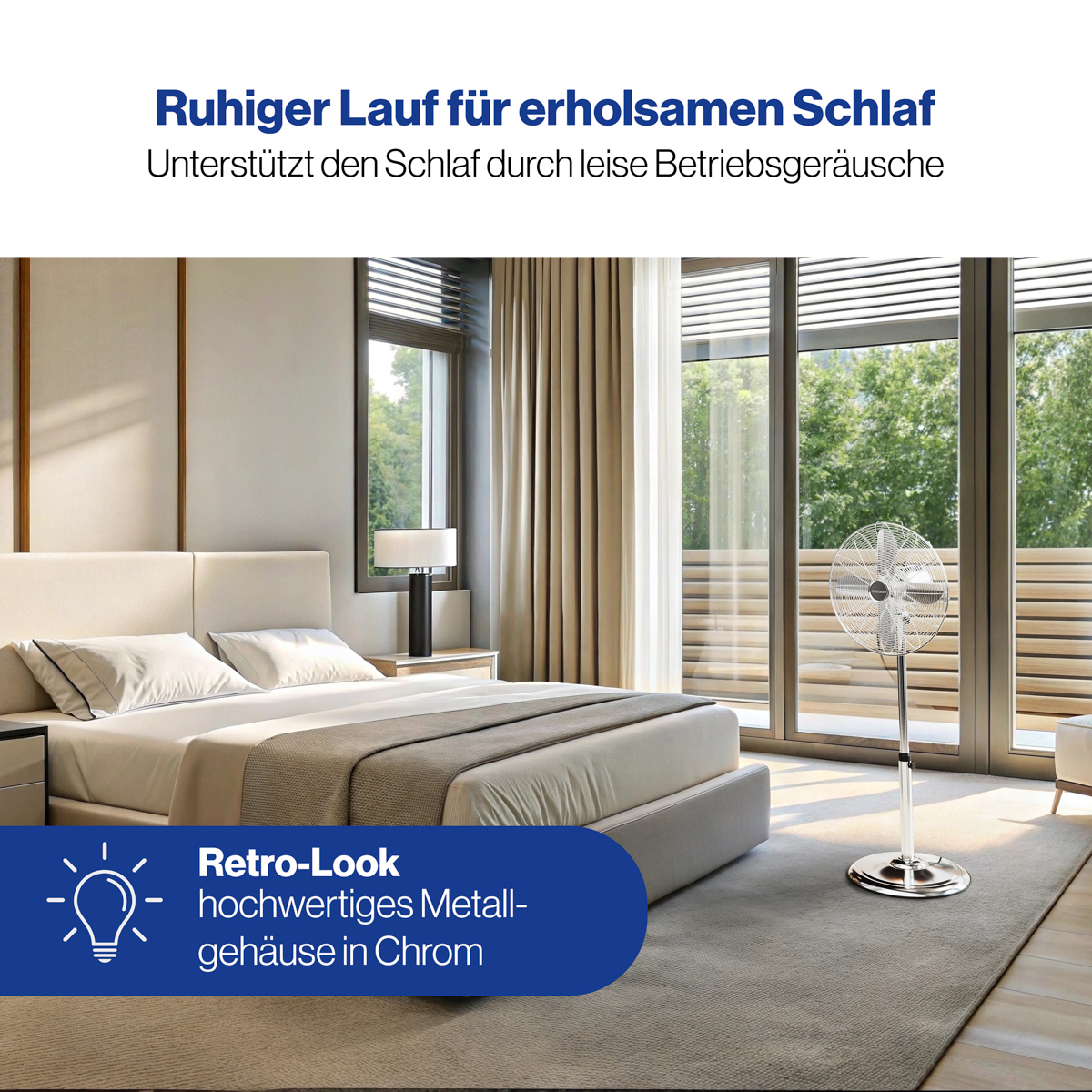 Sypialnia z łóżkiem, oknami i wentylatorem. W lewym dolnym rogu znajduje się ikona żarówki.