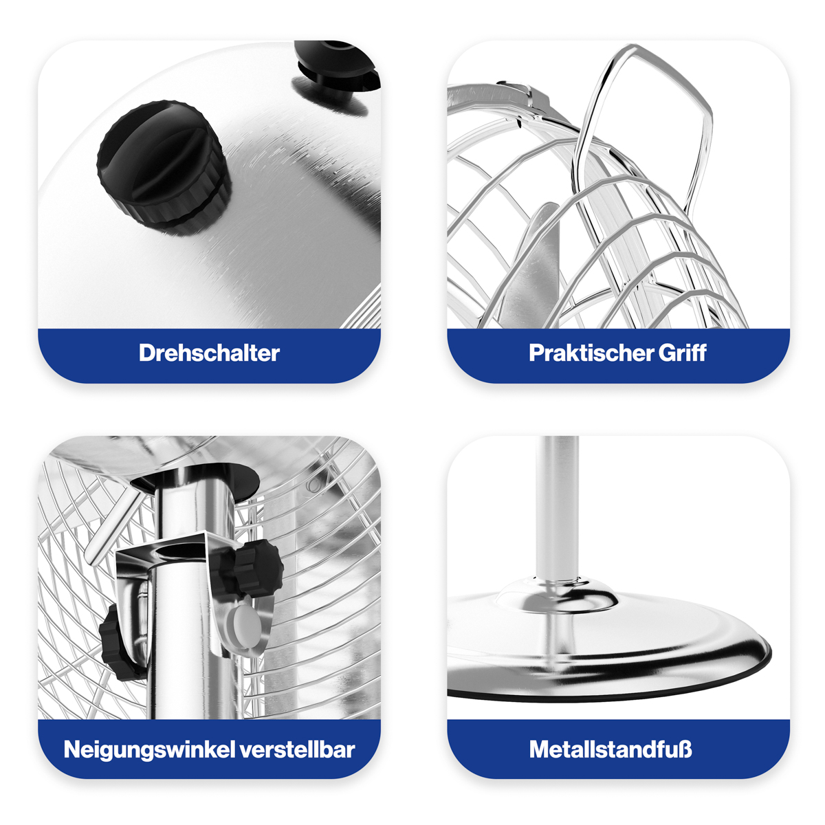 Części wentylatora: przełącznik, uchwyt, regulowany kąt i metalowa podstawa. Wentylator jest srebrny i czarny.