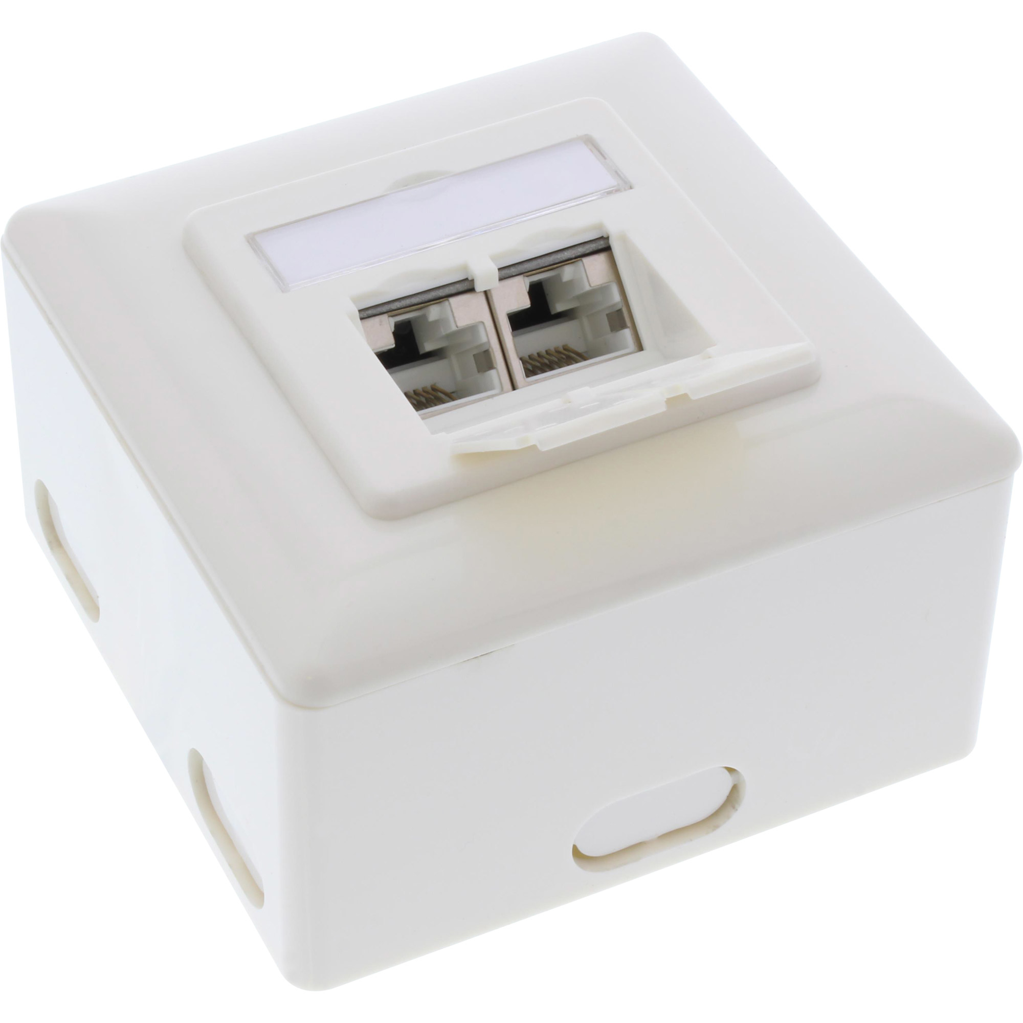 Weiße Wandsteckdose mit zwei RJ45-Anschlüssen. Sie hat eine rechteckige Form.