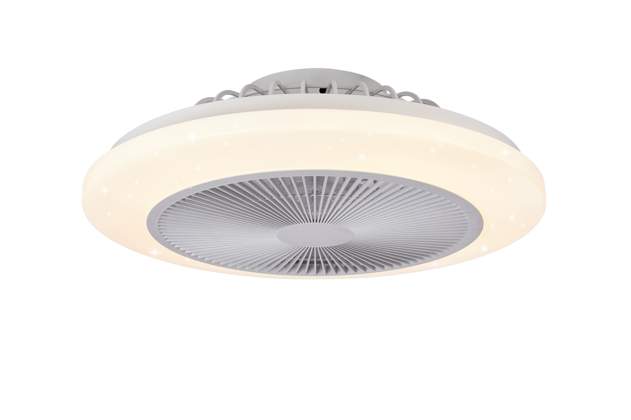 Ventilador de techo blanco con luces integradas, diseño circular, aislado.