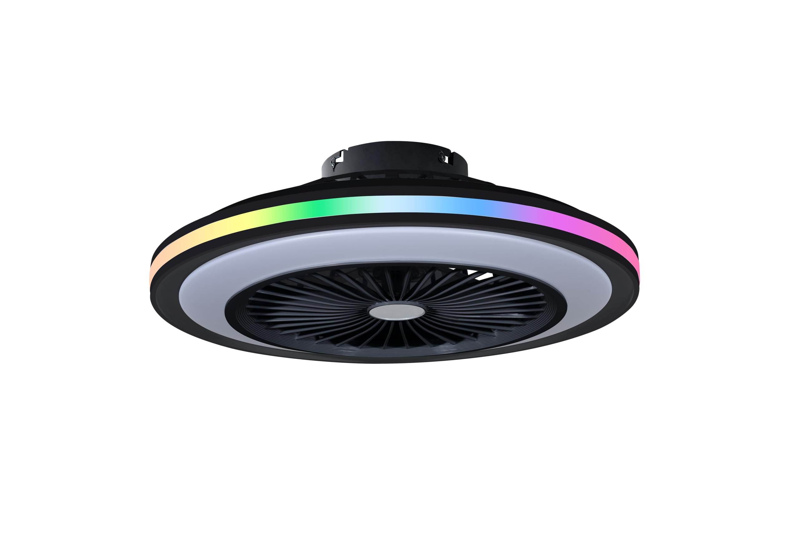 Ventilador de techo negro con luces LED alrededor del borde, fondo blanco, vista superior.
