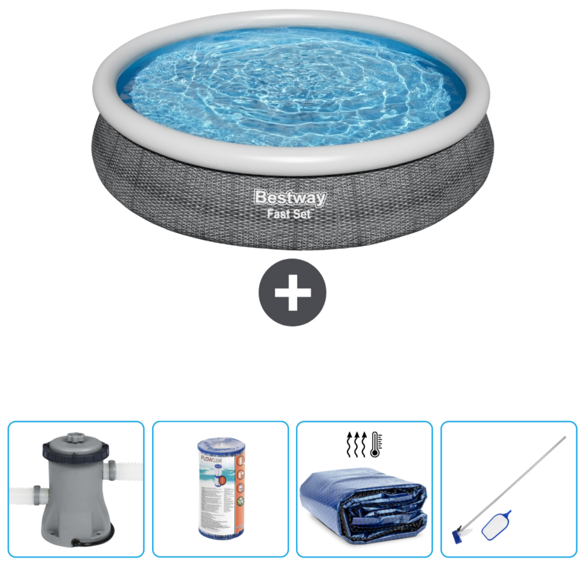 Ensemble piscine : Piscine grise avec eau, accessoires : filtre, produits chimiques, couverture et outils de nettoyage.