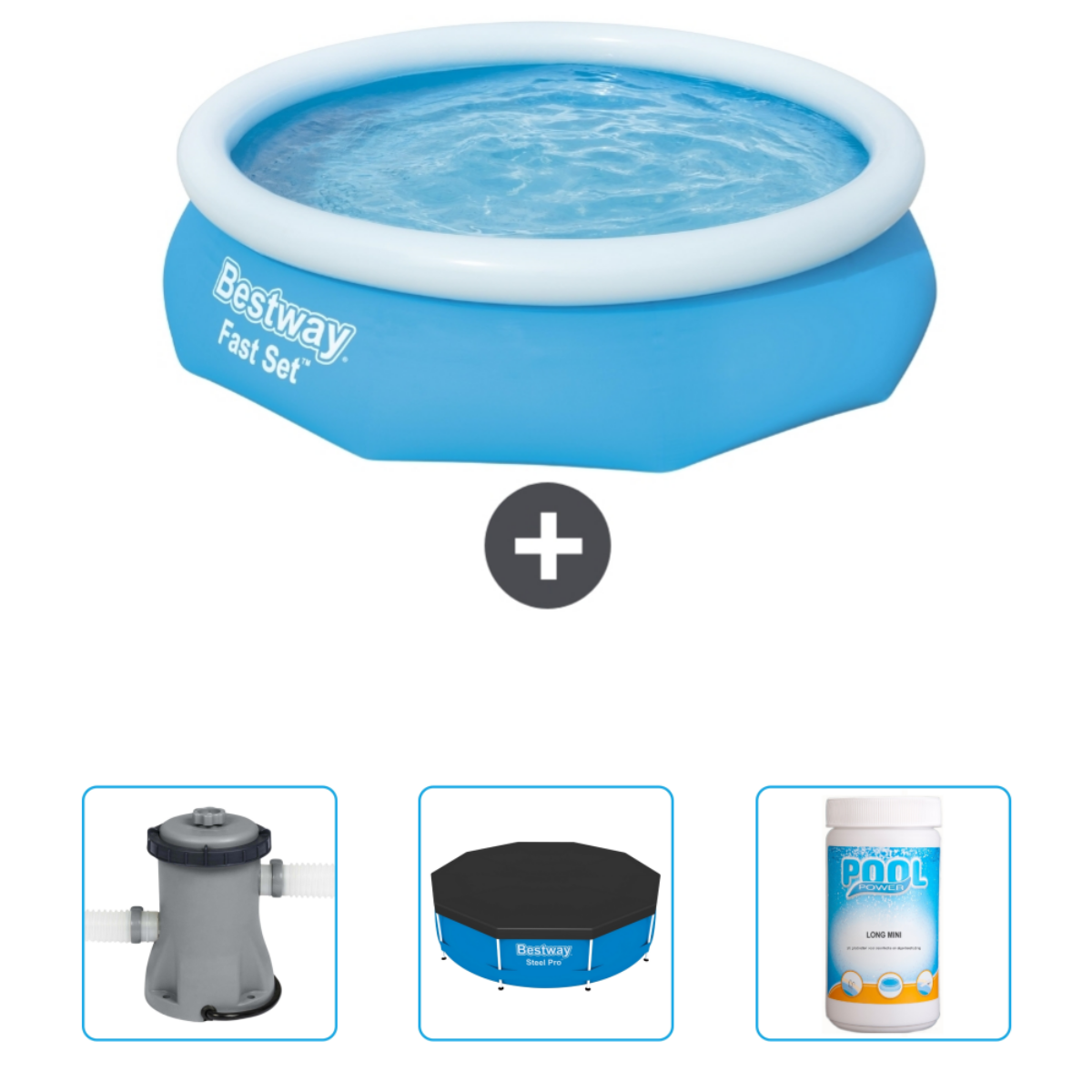Een blauw, opblaasbaar zwembad met accessoires, waaronder een filter, een afdekking en schoonmaakmiddelen.