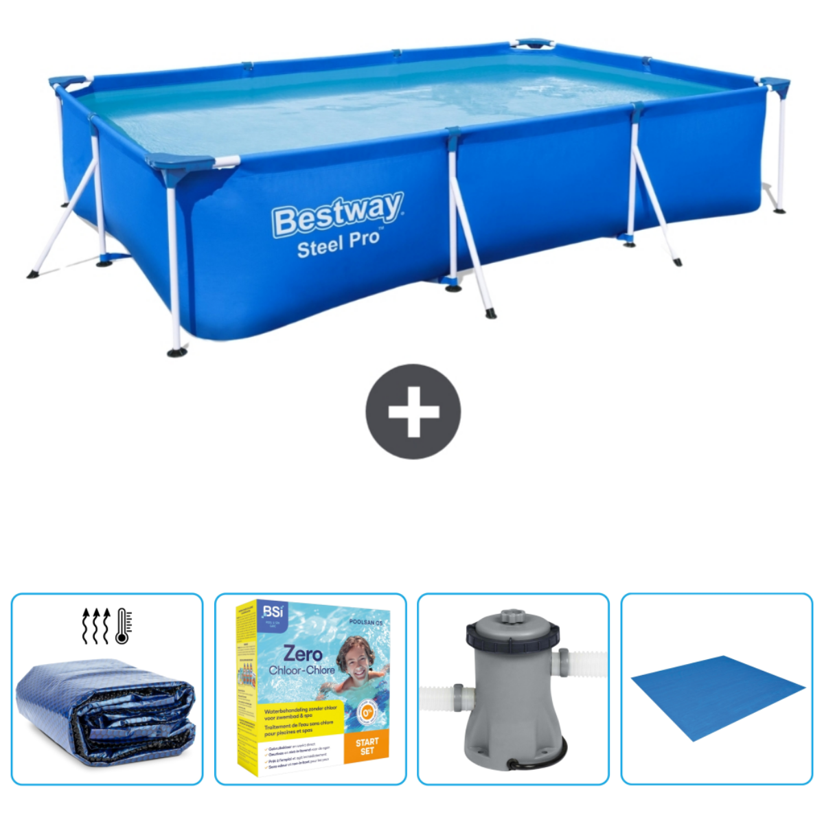 Een blauw rechthoekig Bestway zwembad met accessoires: afdekking, chemicaliën, filter en mat.