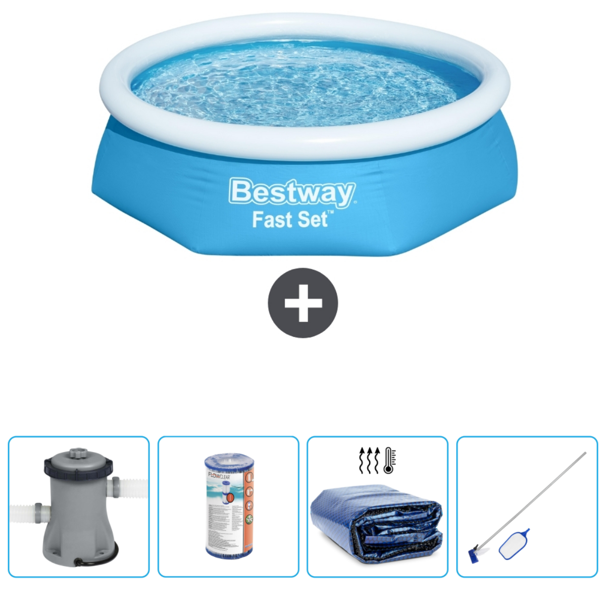 Zwembadset: Blauw zwembad met water, accessoires: filter, chemicaliën, afdekking en schoonmaakgereedschap.