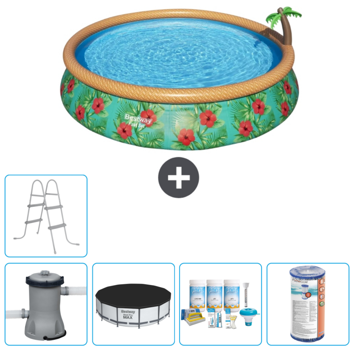 Une piscine avec accessoires, dont une échelle, un filtre, une couverture et des fournitures de nettoyage.