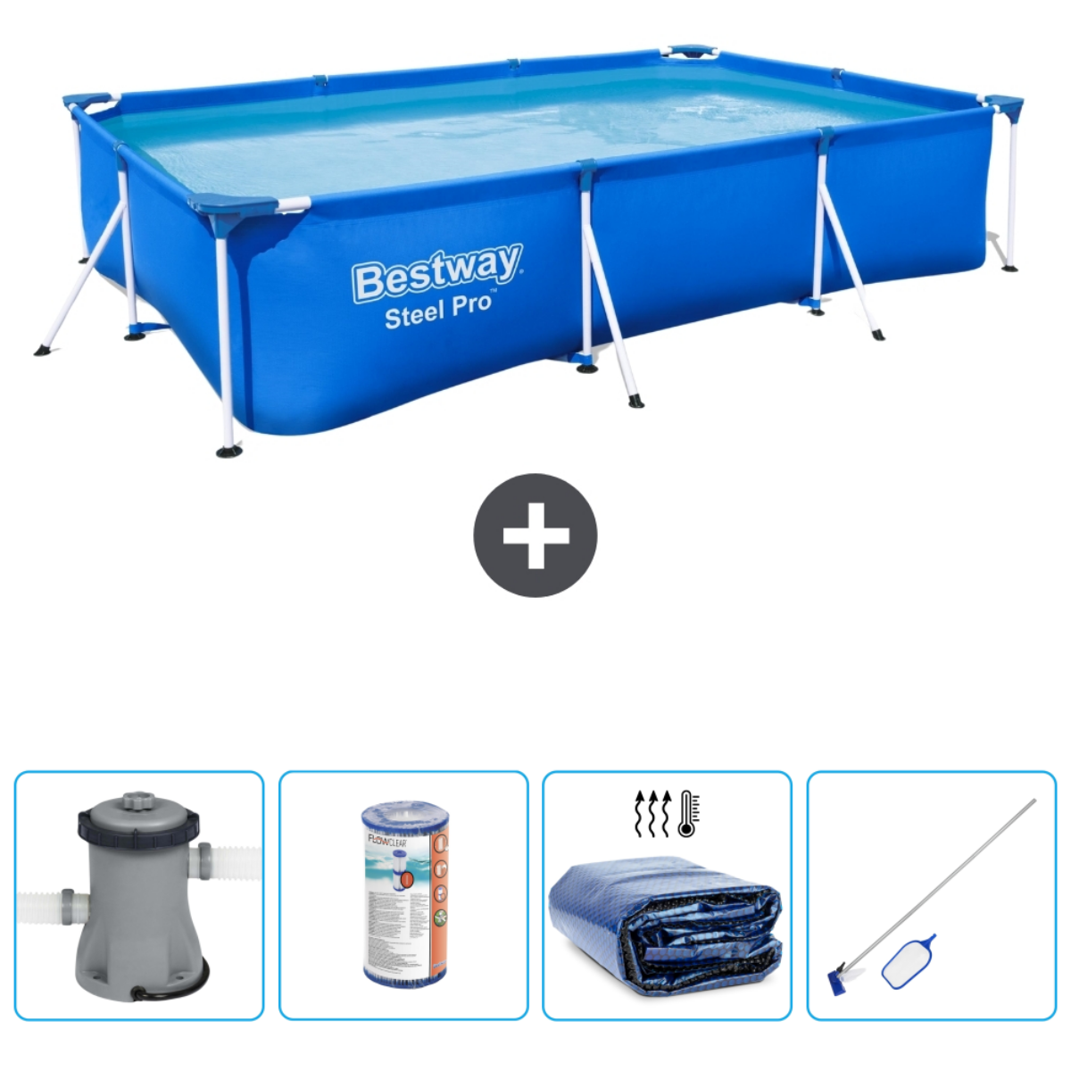 Blauw rechthoekig zwembad met accessoires. Inclusief pomp, filter, afdekking en schoonmaaktools.