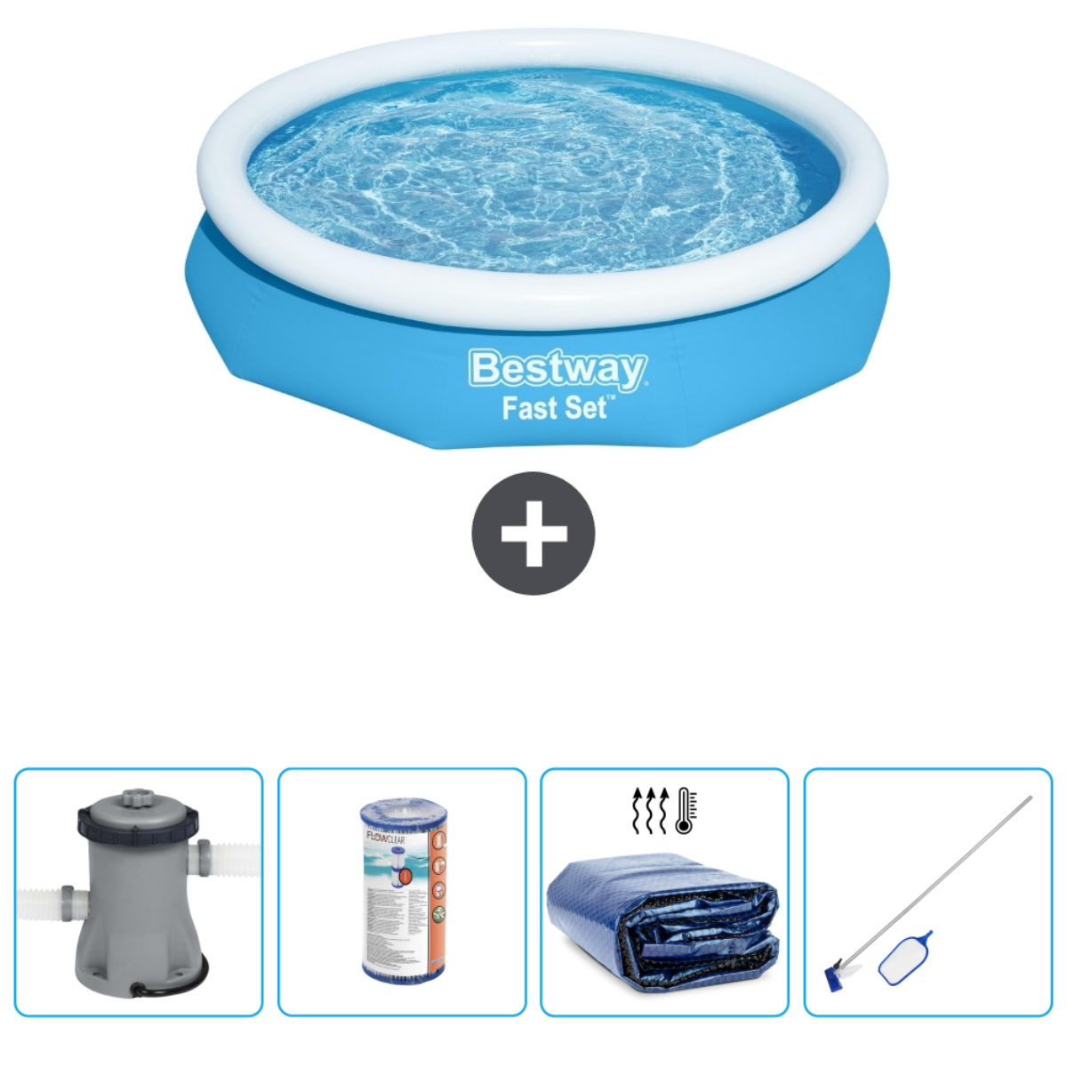 Blauw zwembad met accessoires: filter, chloor, afdekzeil en skimmer.