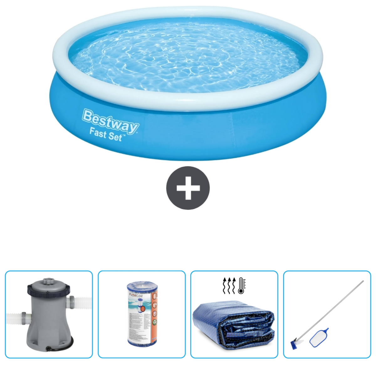 Een zwembadset met een zwembad, filter, zwembadnet, afdekking en chemicaliën.