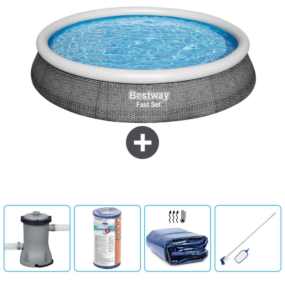 Ensemble piscine : Piscine grise avec eau, accessoires : filtre, produits chimiques, couverture et outils de nettoyage.