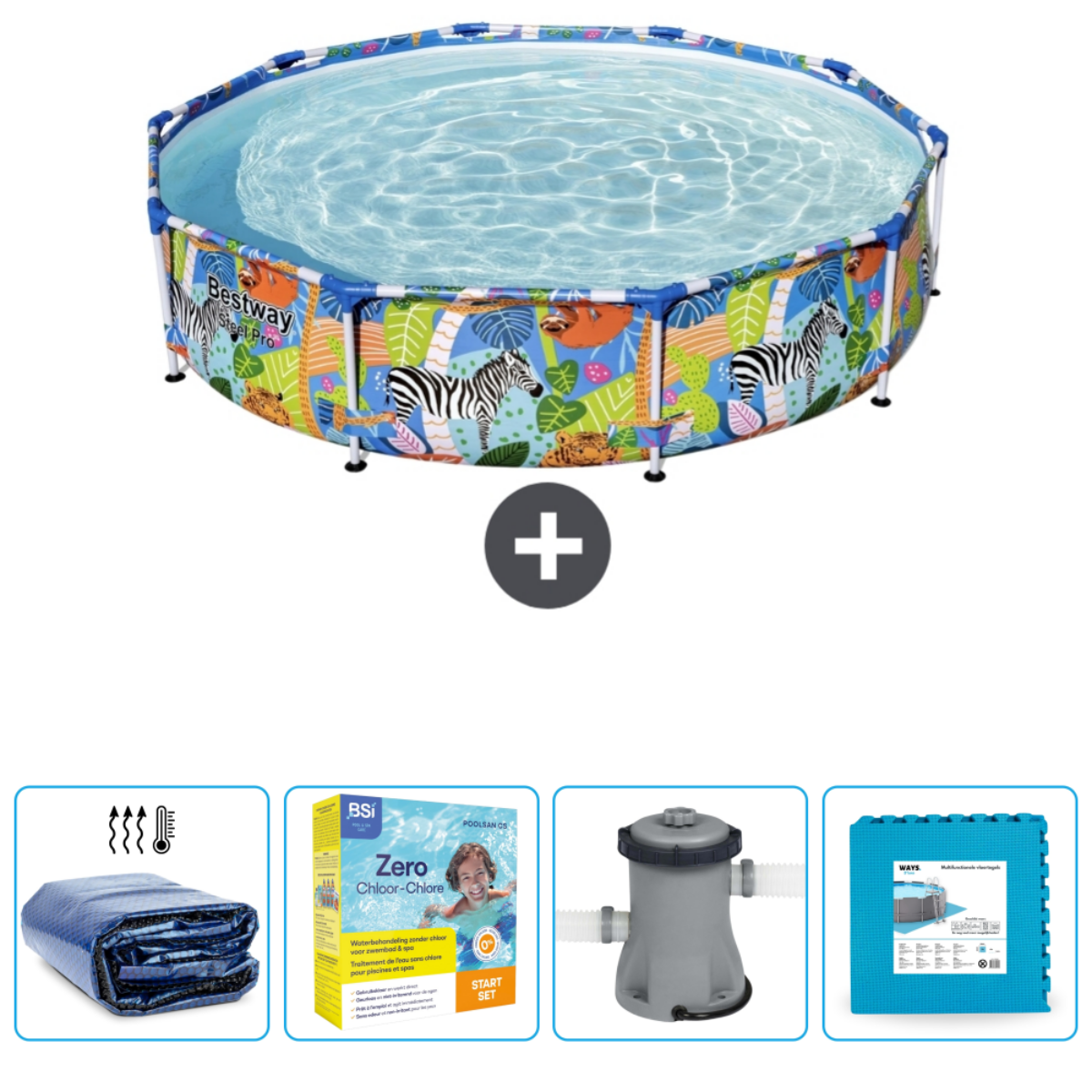 Rond zwembad met zebra- en junglepatroon. Inclusief afdekking, chloor en filtersysteem.