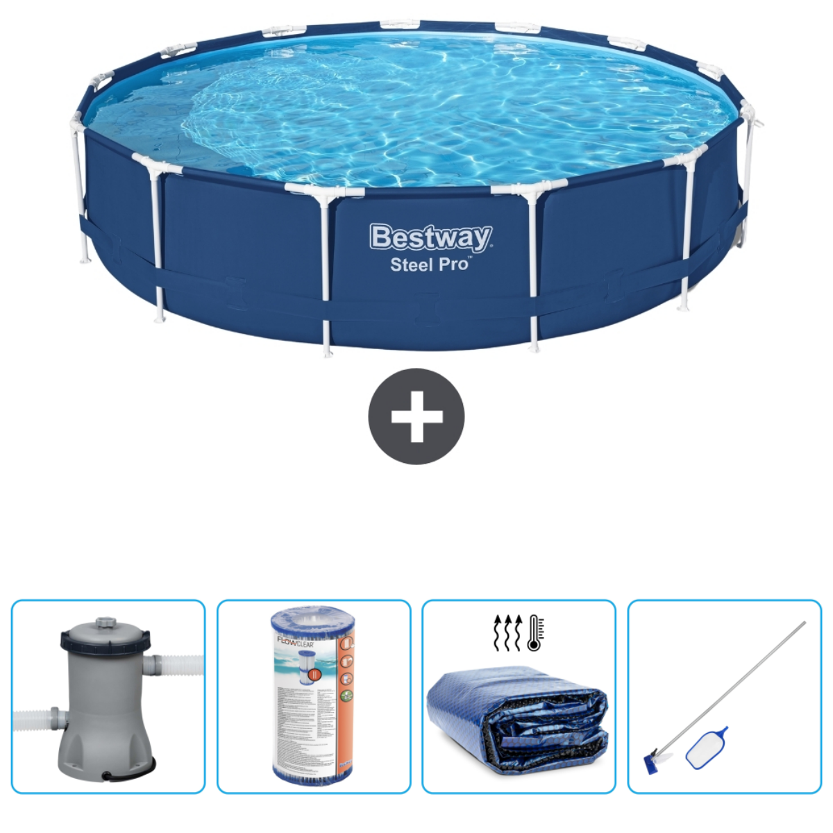 Rond blauw zwembad met accessoires. Inclusief pomp, filter, afdekking en schoonmaaktools.