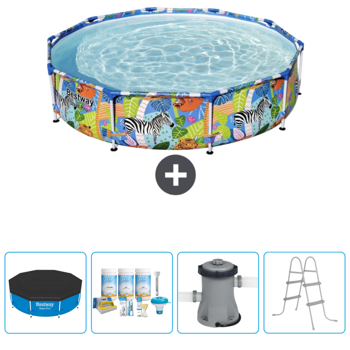 Ronde pool met zebraprint. Items in de afbeelding zijn een filter, ladder en chemicaliën.