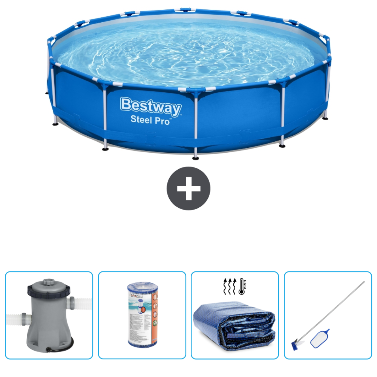 Piscine ronde bleue avec bord blanc et accessoires.
