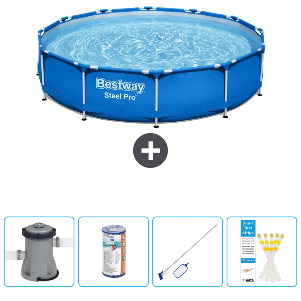 Une piscine avec accessoires, incluant une pompe de filtration, chlore, un nettoyant et des bandelettes tests.