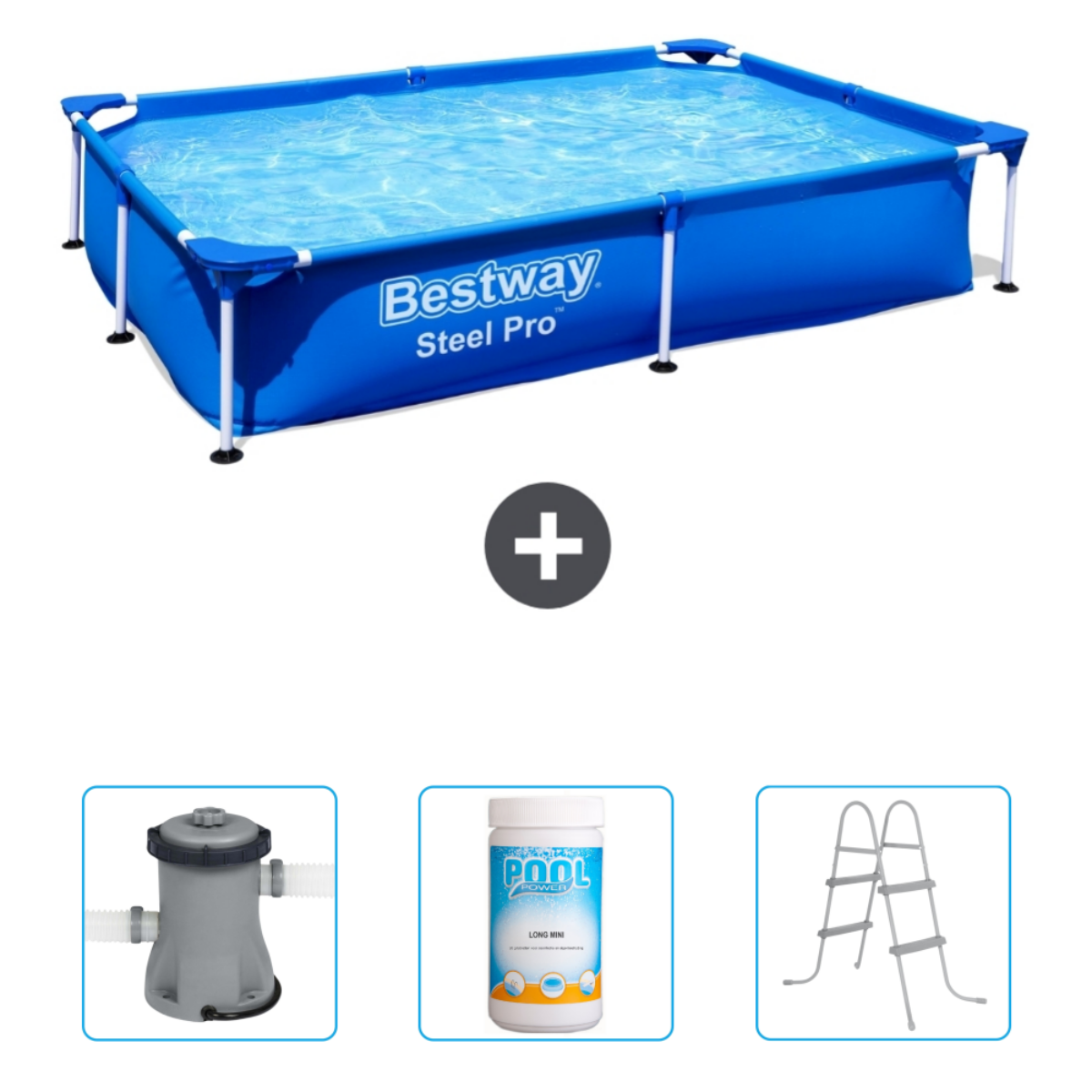 Une piscine hors sol avec un design bleu est présentée avec plusieurs accessoires.