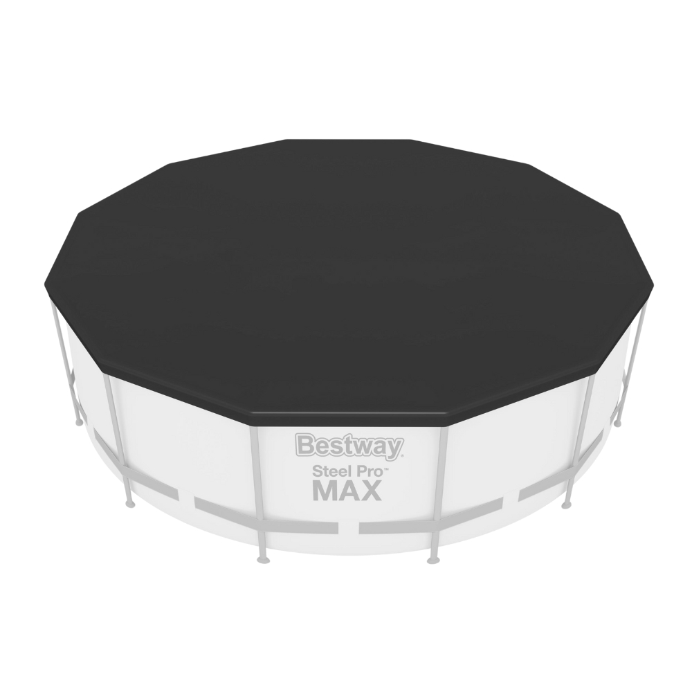 Piscine hors sol avec une bâche noire. La piscine est blanche avec un cadre gris.