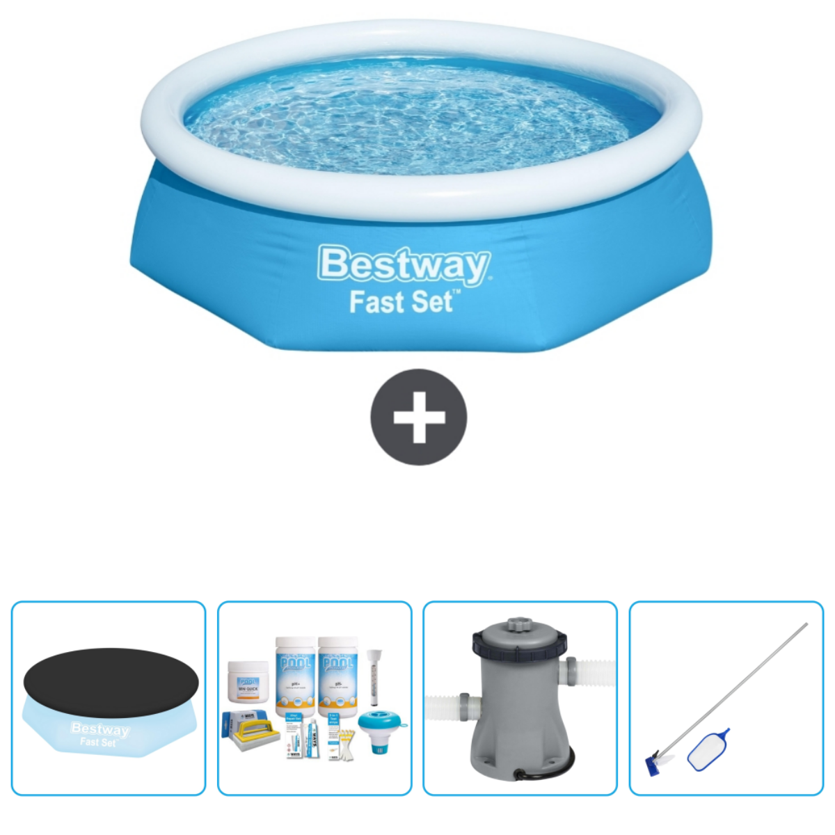 Piscine gonflable bleue avec accessoires : couverture, produits chimiques, filtre, outils de nettoyage.