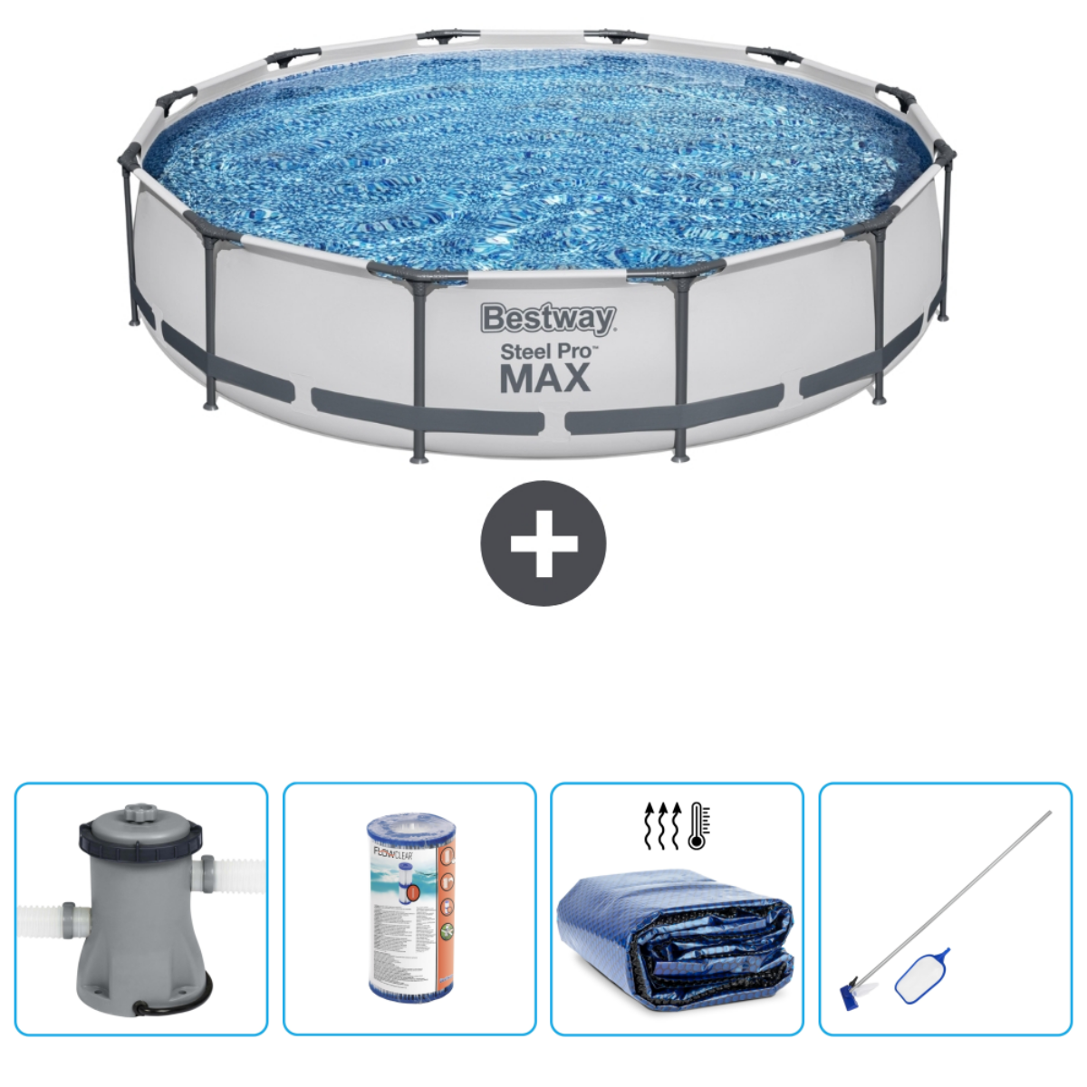Piscine blanche et grise avec accessoires: filtre, chlore, couverture, skimmer.