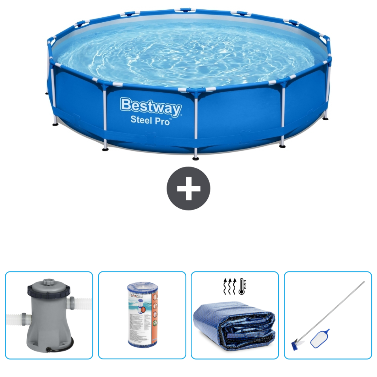 Blauw, achthoekig zwembad met accessoires: pomp, filter, afdekking en schoonmaaktool.