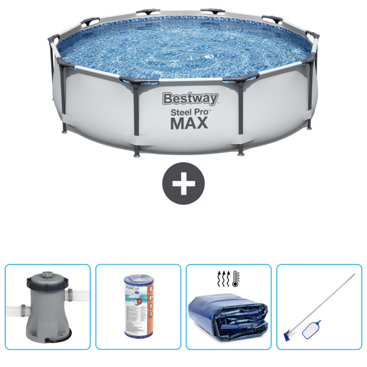 Une piscine ronde hors sol avec accessoires. La piscine est remplie d'eau et a un cadre blanc.