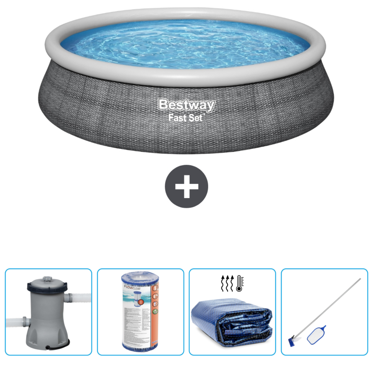Rond zwembad met blauw water. Inclusief een filter, afdekking en andere zwembadaccessoires.