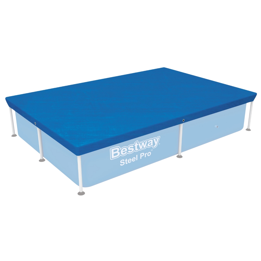 Een blauw rechthoekig zwembad afdekzeil over een blauw bovengronds zwembad.