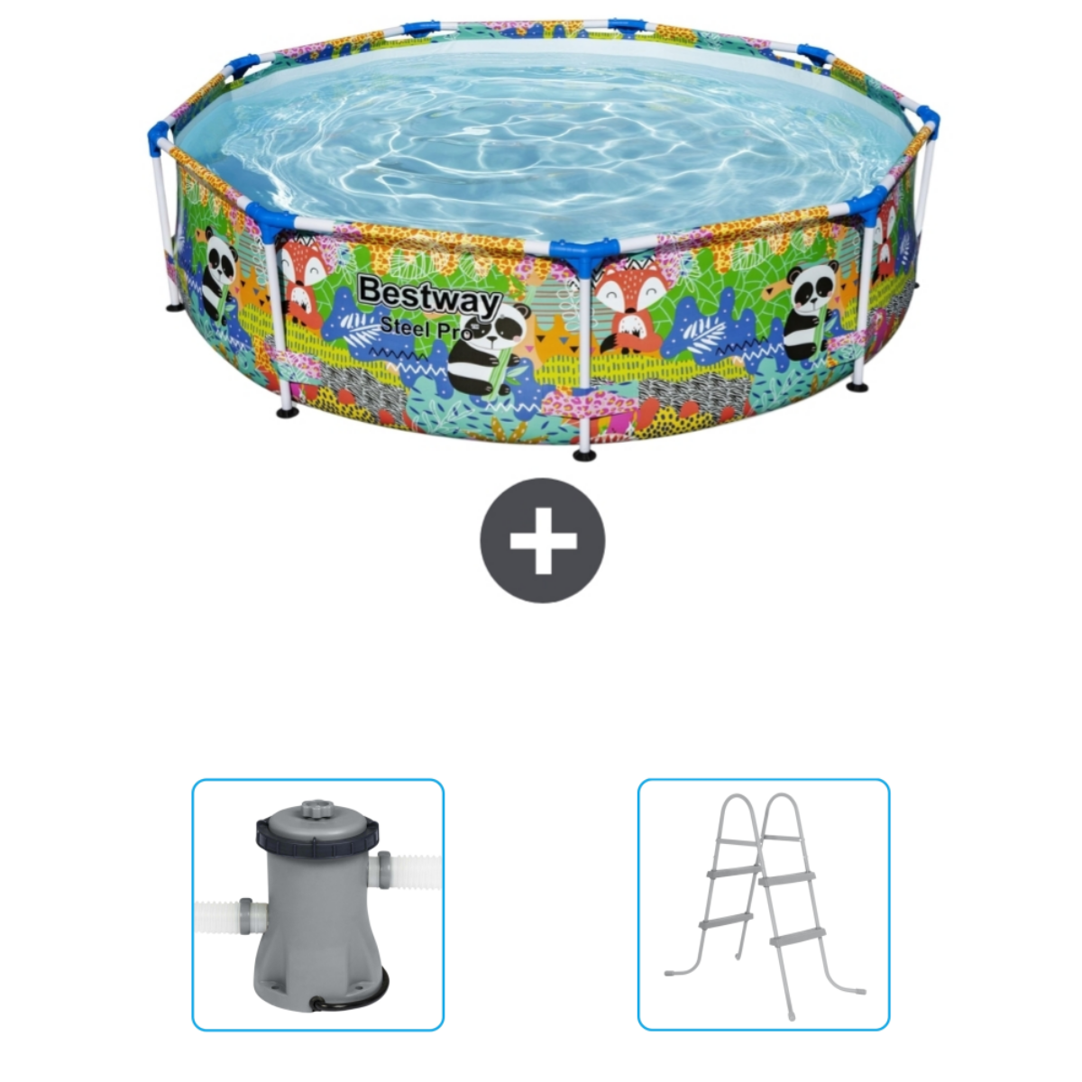 Une piscine rectangulaire bleue. Comprend un filtre, un écumeur et une couverture.