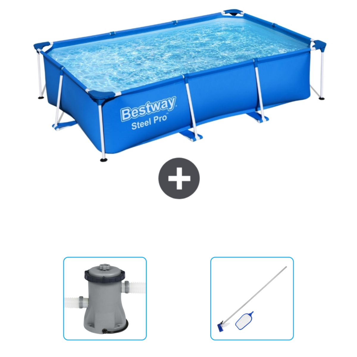 Piscine bleue Bestway avec accessoires. Comprend filtre, outils de nettoyage et bâche.